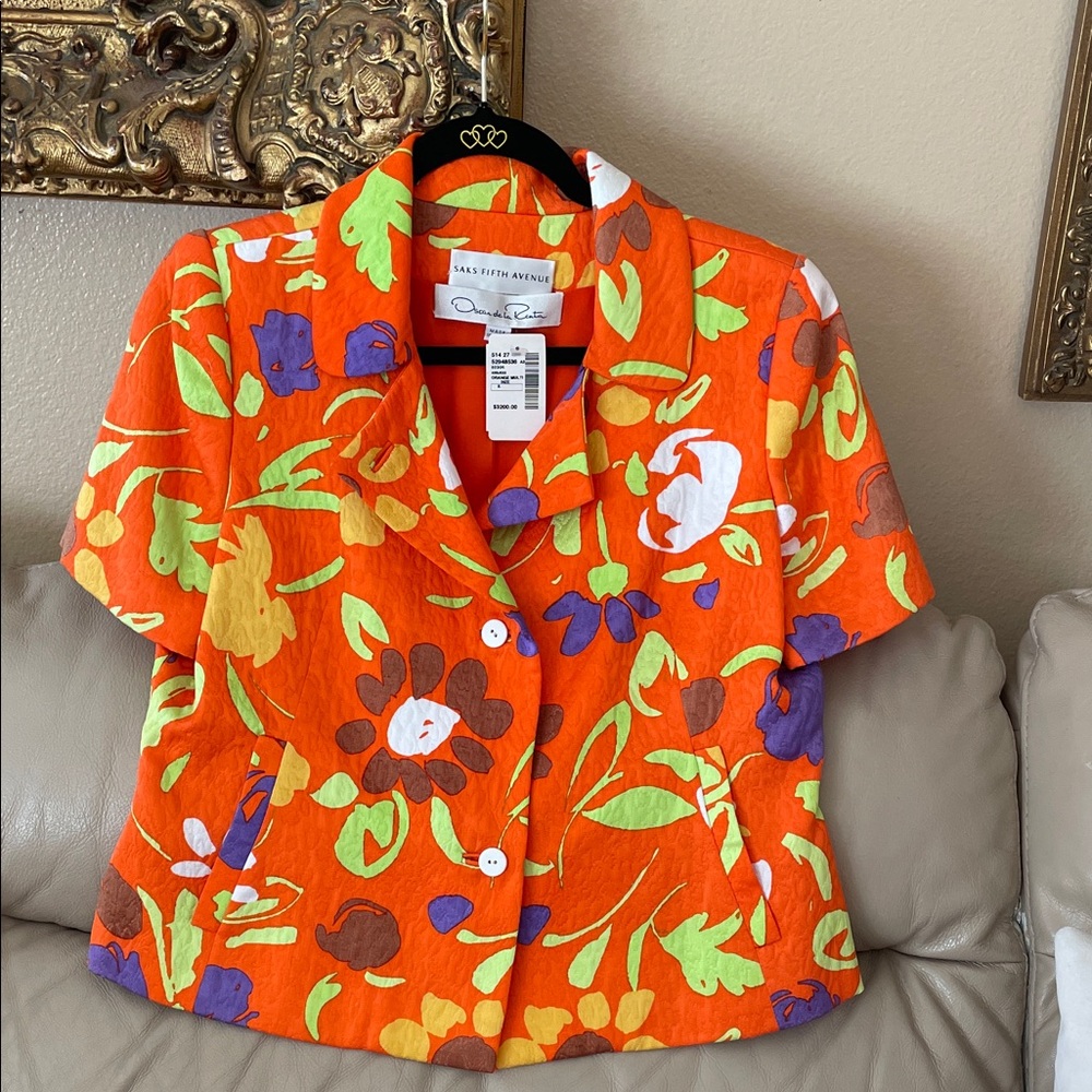 NWT.$3200 Oscar De La Renta Saks Fifth Avenue Orange Purple Floral Jacket Sz.8